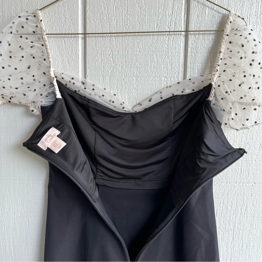 Camila Coelho Organza Puff Sleeve Flocked Dot Mini Dress Black XS - Image 8