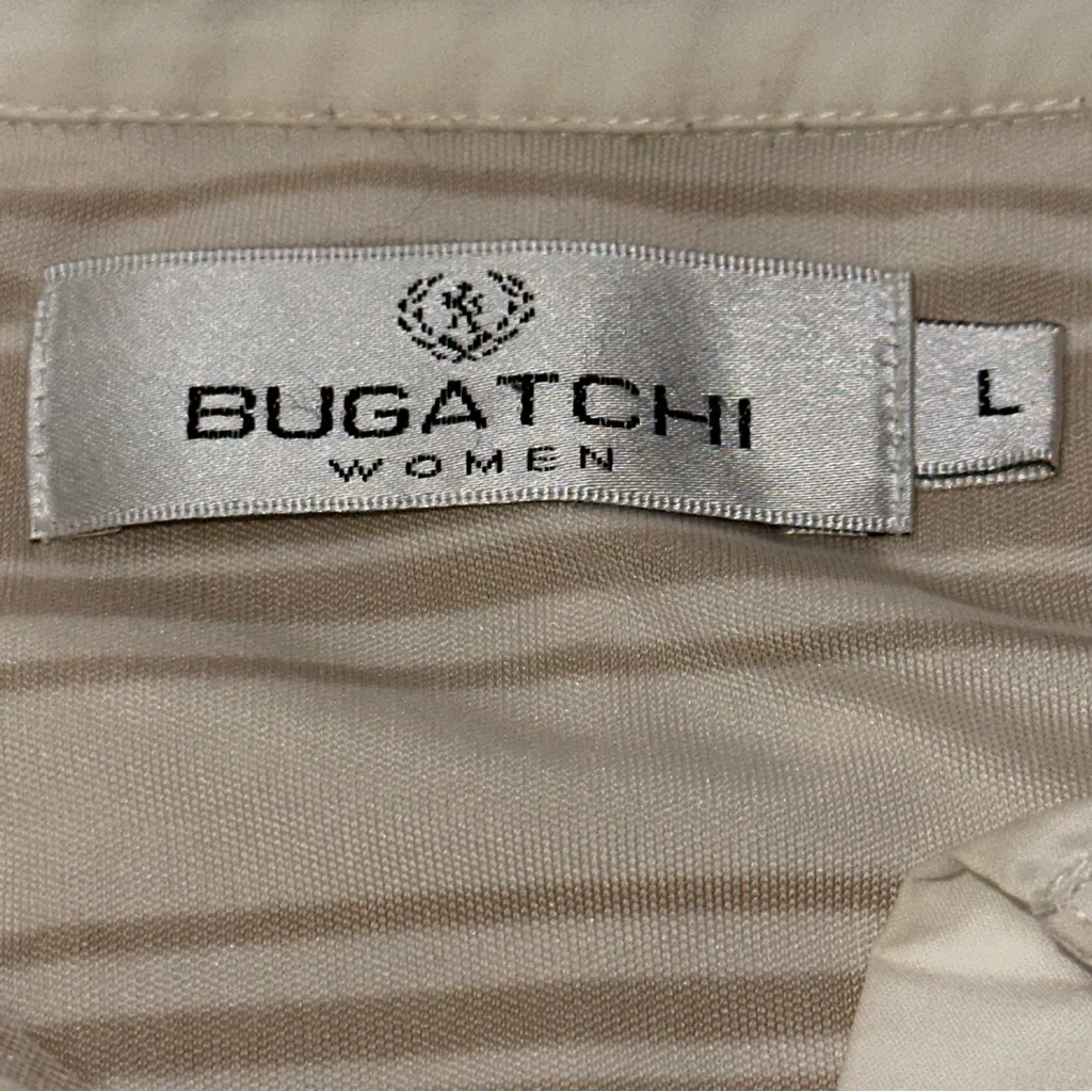 Bugatchi Women’s Size L Tan Beige White Striped Silk Henley Collared Polo Shirt Size L - Image 4