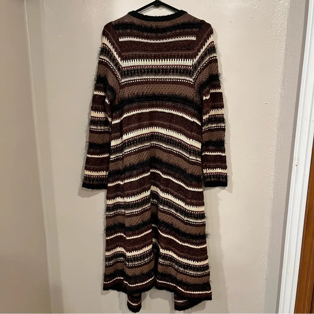 Su & Lola Brown Multicolor Stripe Long Sleeve Long Length Cardigan Womens Size S - Image 3