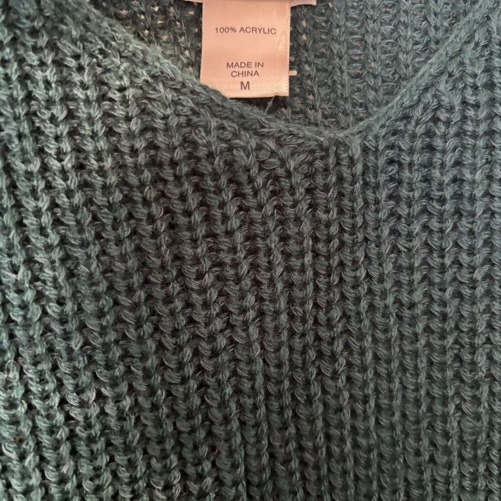 Daytrip Buckle Sweater Womens Medium Green Cold Shoulder Chunky Knit Pullover - Image 7