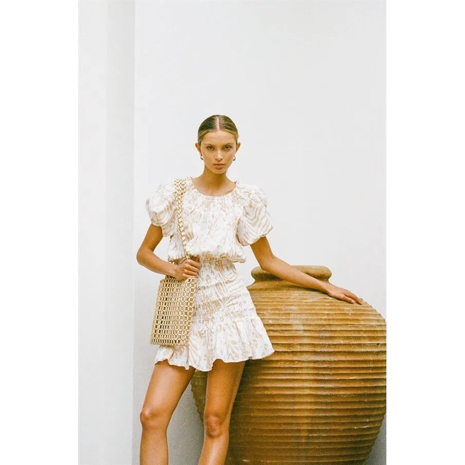 SABO LUXE‎ Camari Linen Dress Smocked Patterned Ruffle Hem White Beige Women's S - Image 2