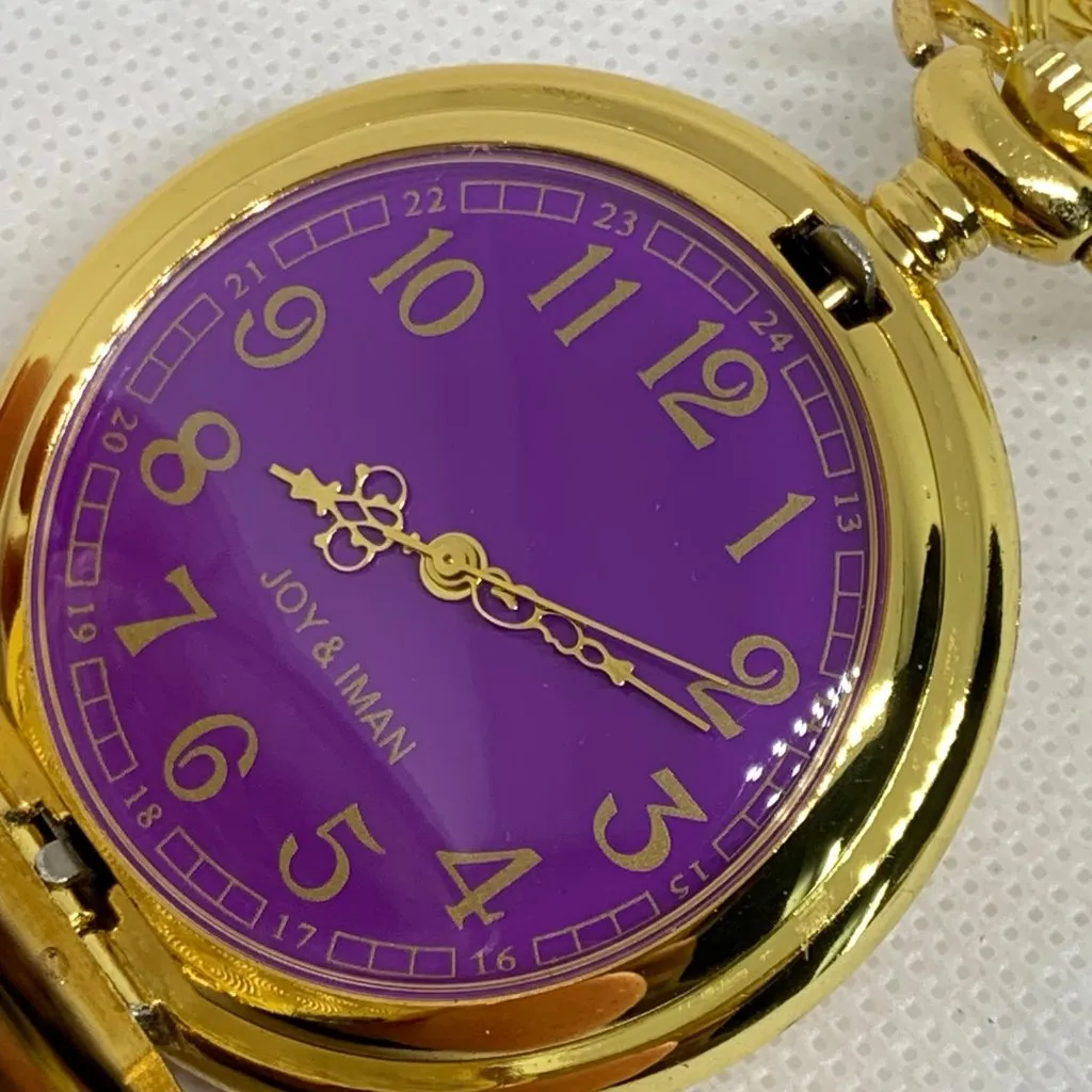 JOY & IMAN Pocket Watch Quartz Clip On Purse Fob Gold Tone purple 46mm running - Image 2