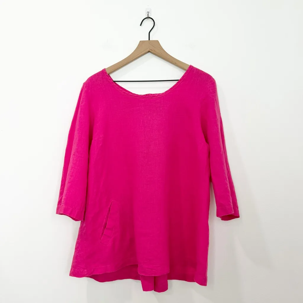 Flax Back Up Tunic Top 100% Linen Button Pleat Pink Size Small - Image 2