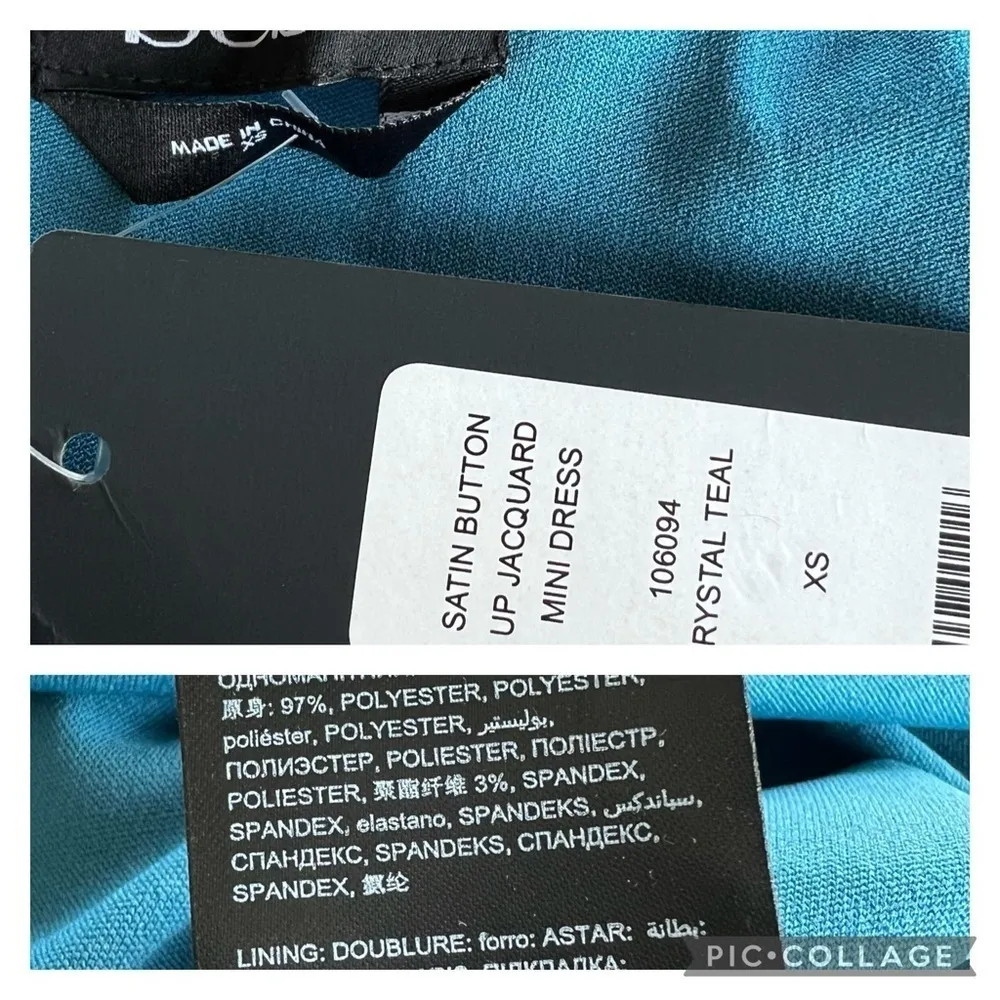 Bebe Mini Dress Bodycon Satin Jacquard Teal Blue XS Cocktail Low Plunging Neck - Image 13