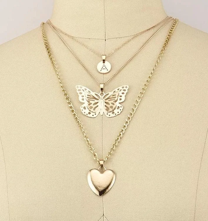 Letter A Hollowed Butterfly Heart Pendant Multilayered Chain Necklace  - Image 2