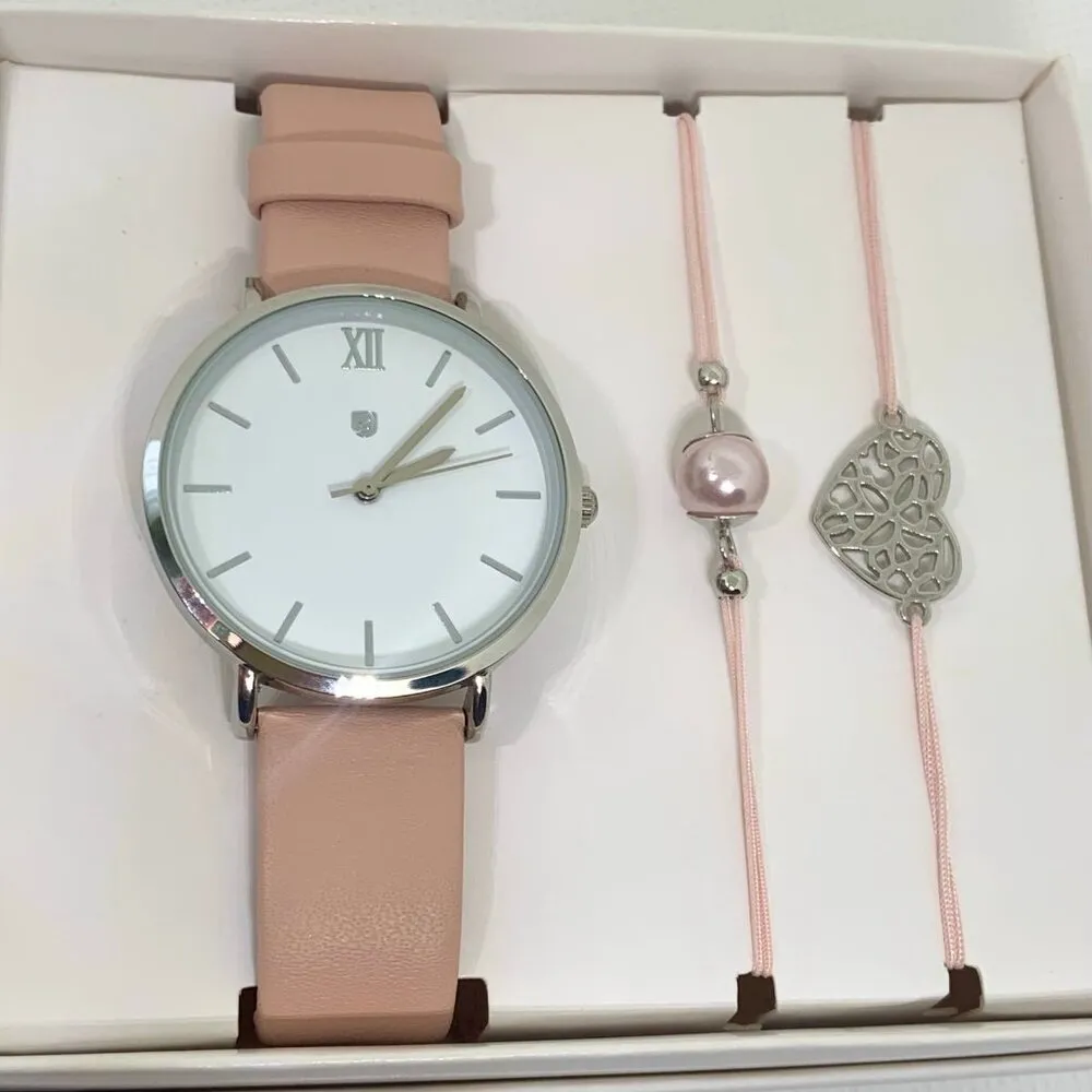 Auriol women watch silver tone 35mm pink leather band with 2 bracelets running - Image 2