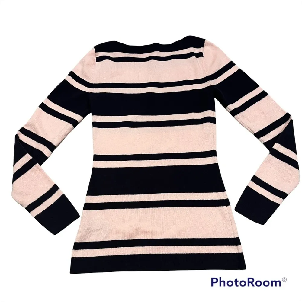 Tommy Hilfiger Ribbed Cotton Long Sleeve Boatneck Sweater, Pink/Navy Stripe - Image 2
