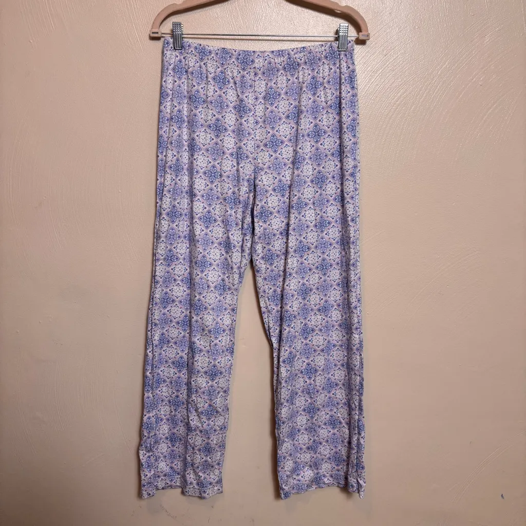 LL Bean Supima Cotton Pajama Sleep 2 Piece Set Purple Blue Print 3/4 Sleeve - Image 5
