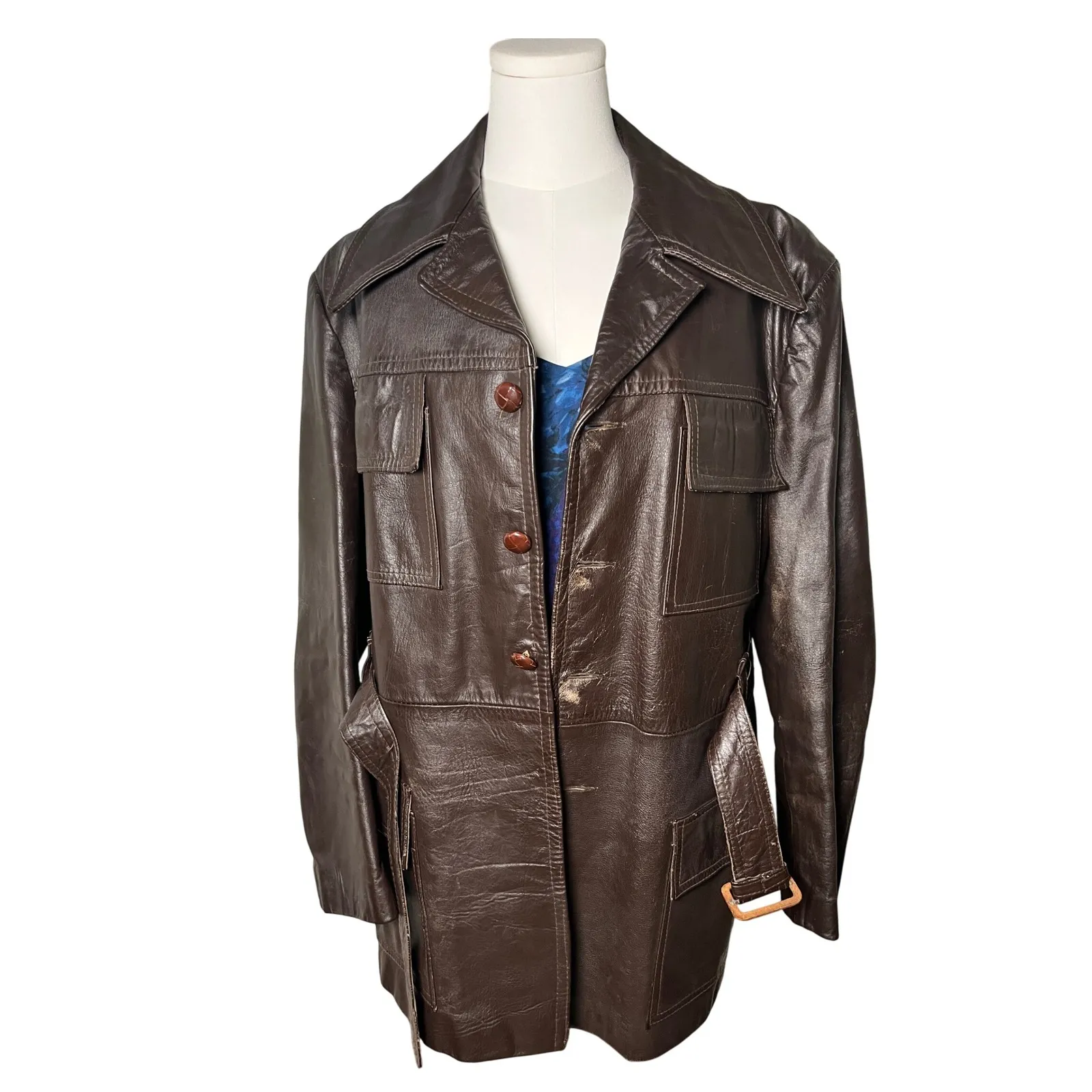 Vintage 70s Brown Leather Safari Jacket Belted Boho Utility‎ Coat Women's M/L Size XL - Image 11