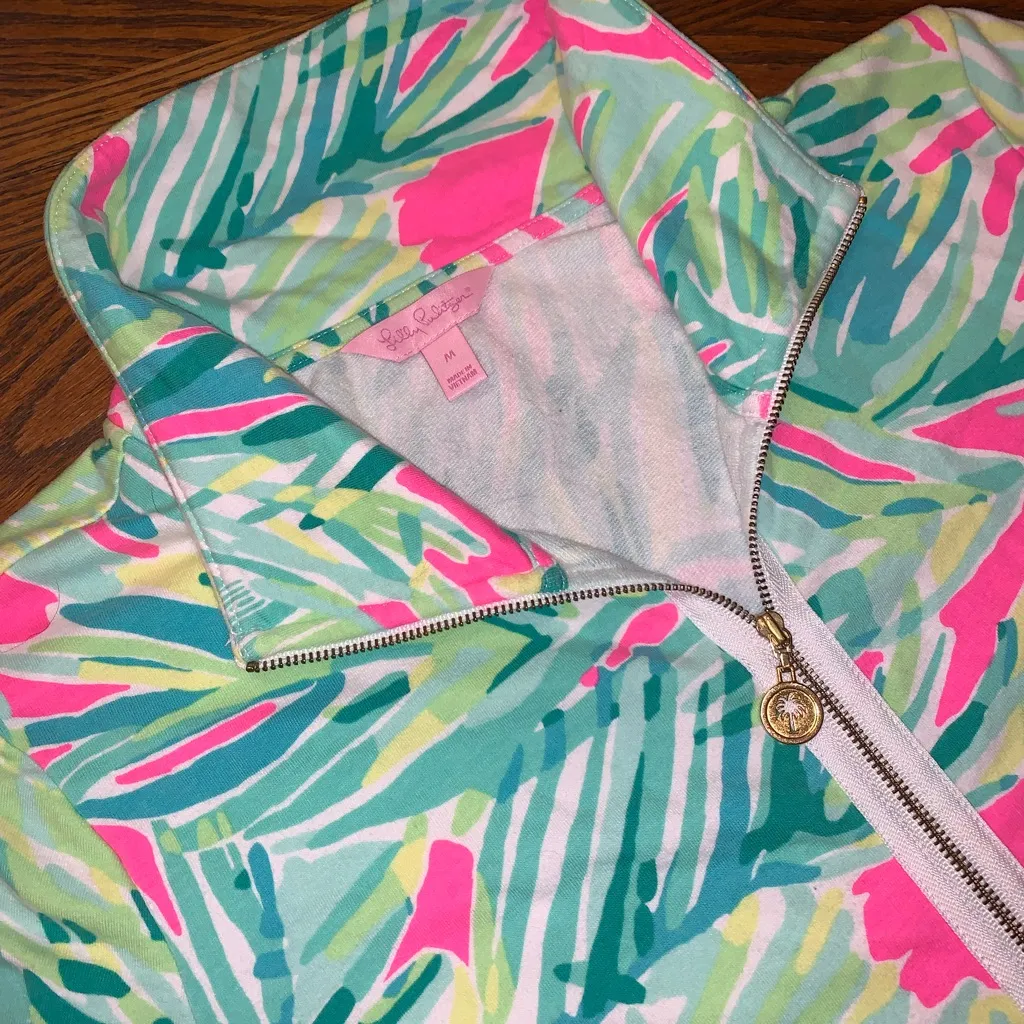 Lilly Pulitzer Leona UPF 50+ Zip Jacket Tropical Storm Green Pink Palm Leaves M - Image 5