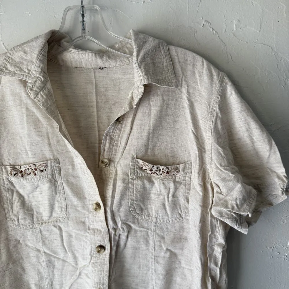 Cottage Button Up Shirt Medium Beige Short Sleeve Embroidered Pockets Casual Top - Image 2