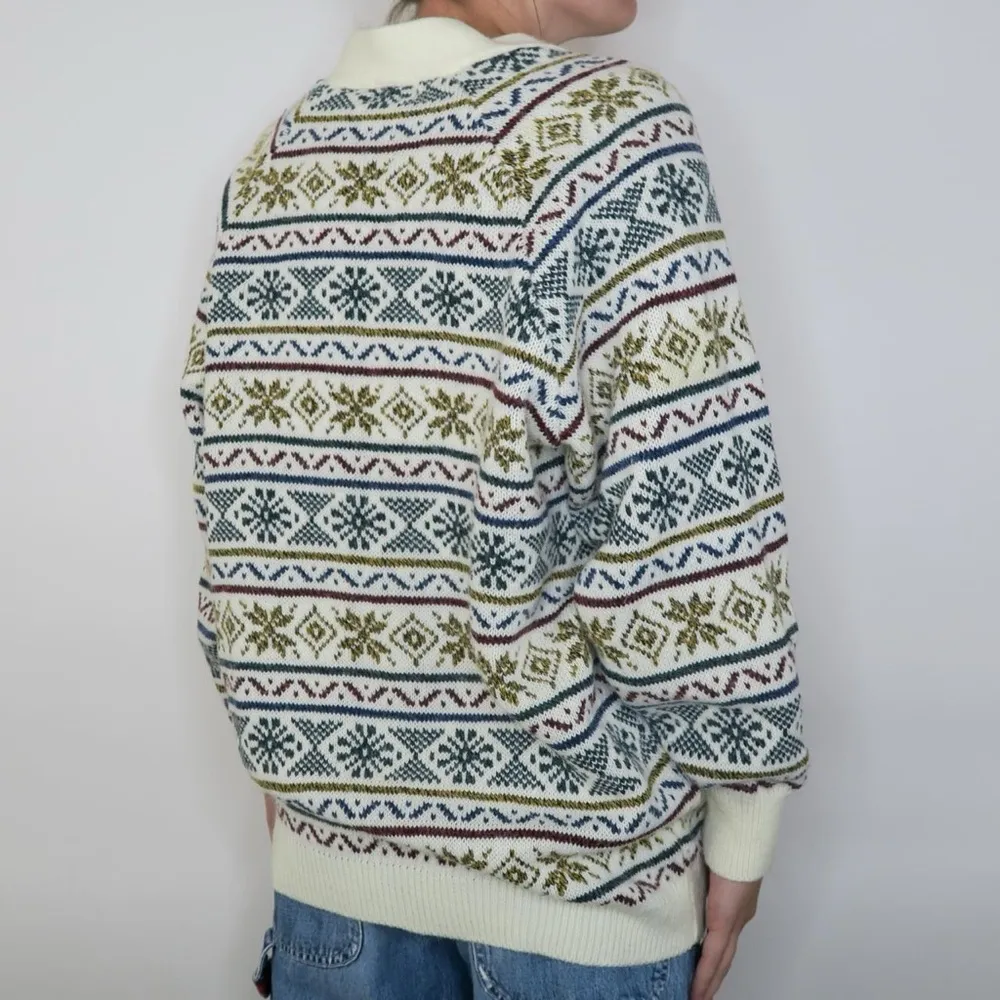 Vintage 80s Rainbow Fair Isle Cardigan Sweater Green Size L - Image 3