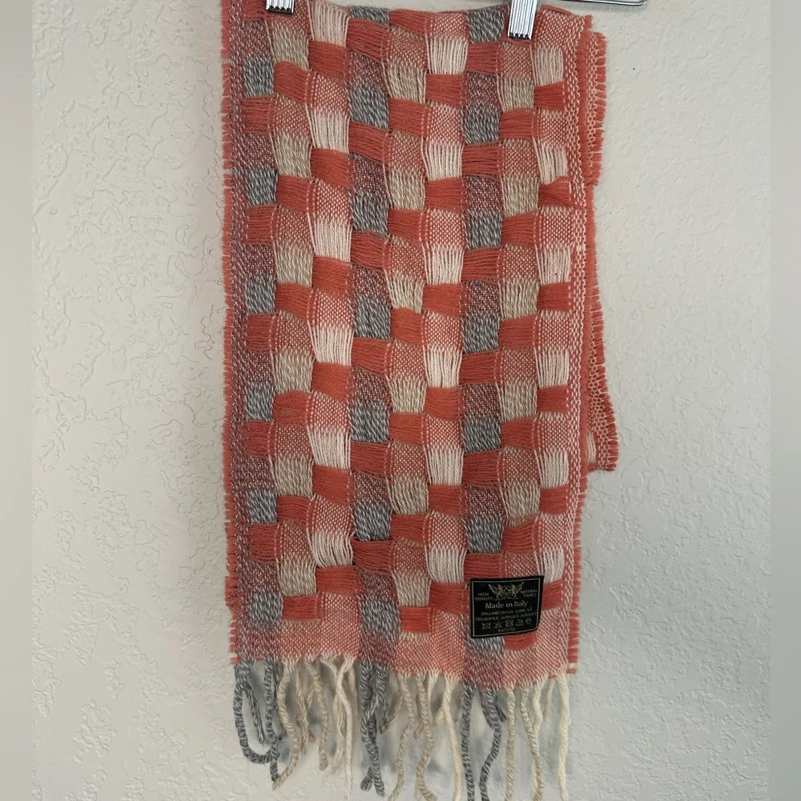 Italian Lambswool Basketweave Scarf Fringed Pink Grey 64x9.5 Feminine Soft Girl - Image 3