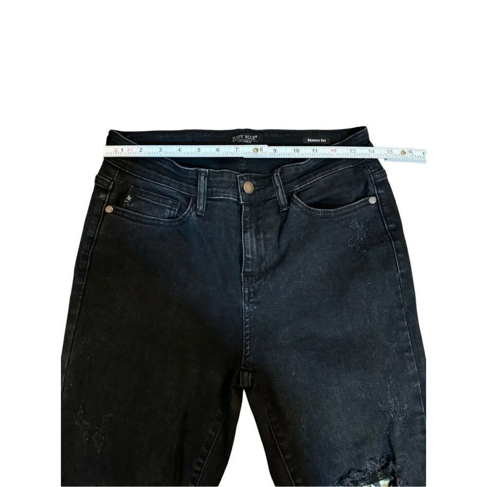 Judy Blue Jeans Women's 9/29 Distressed Black Leopard Patch Mid Rise Skinny Jean - Image 10