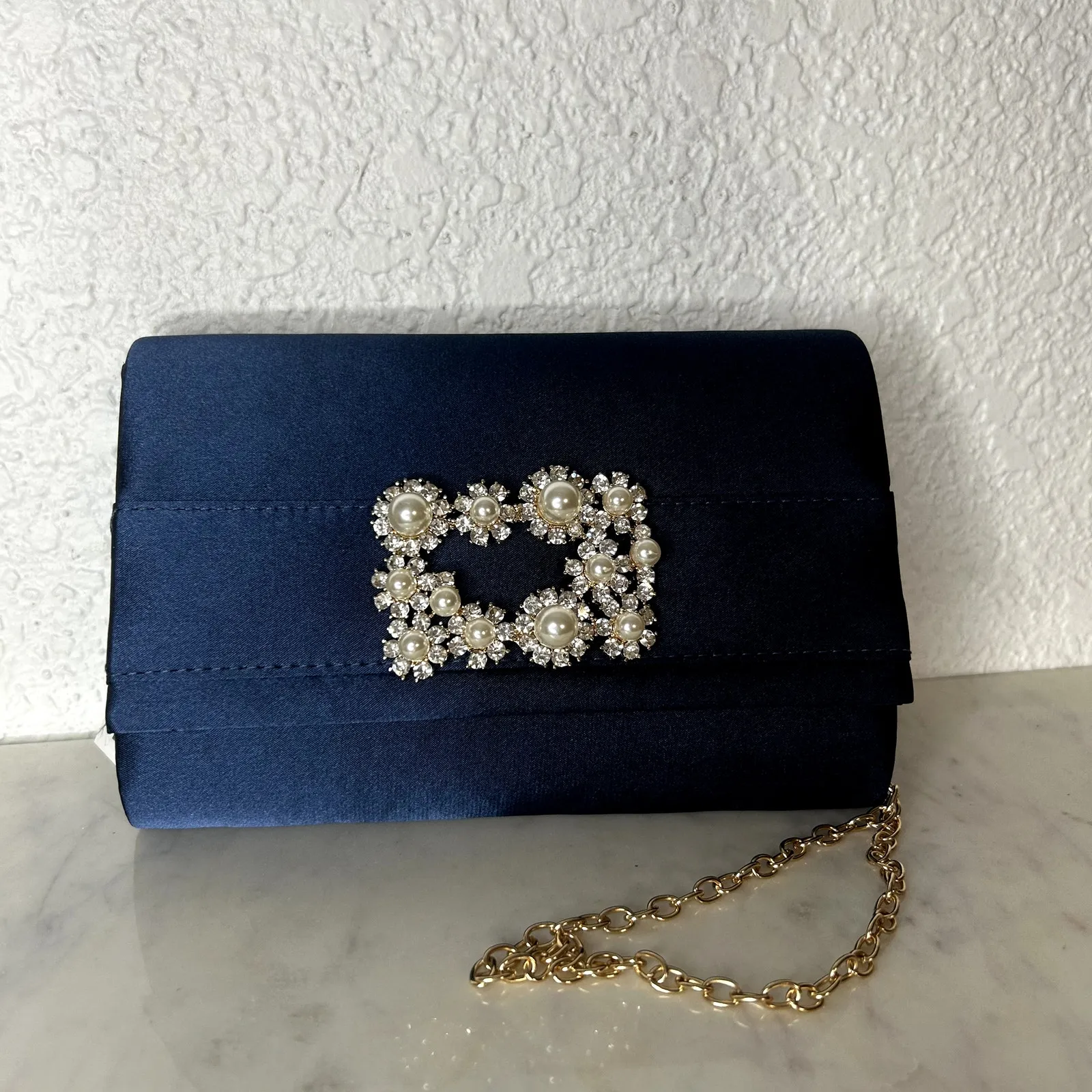 Jessica McClintock Navy Satin Evening Bag Womens NWT Rhinestone Pearl Chain - Image 2