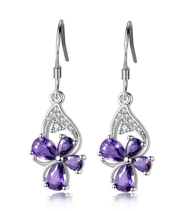 Women’s Crystal Butterfly Dangle Drop Earrings Purple - Image 2