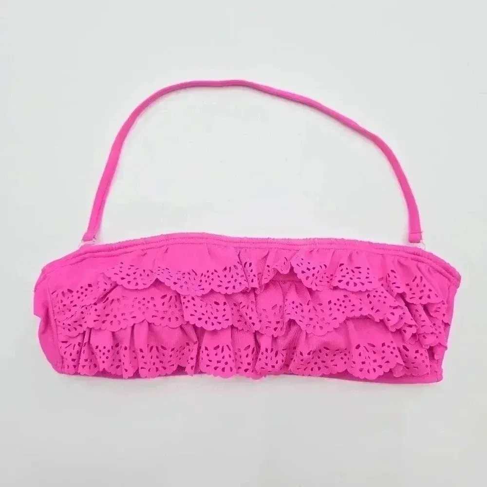 Red Camel Pink Laser Cut Flower Ruffle‎ Padded Bikini Top Swimwear Small - Image 3
