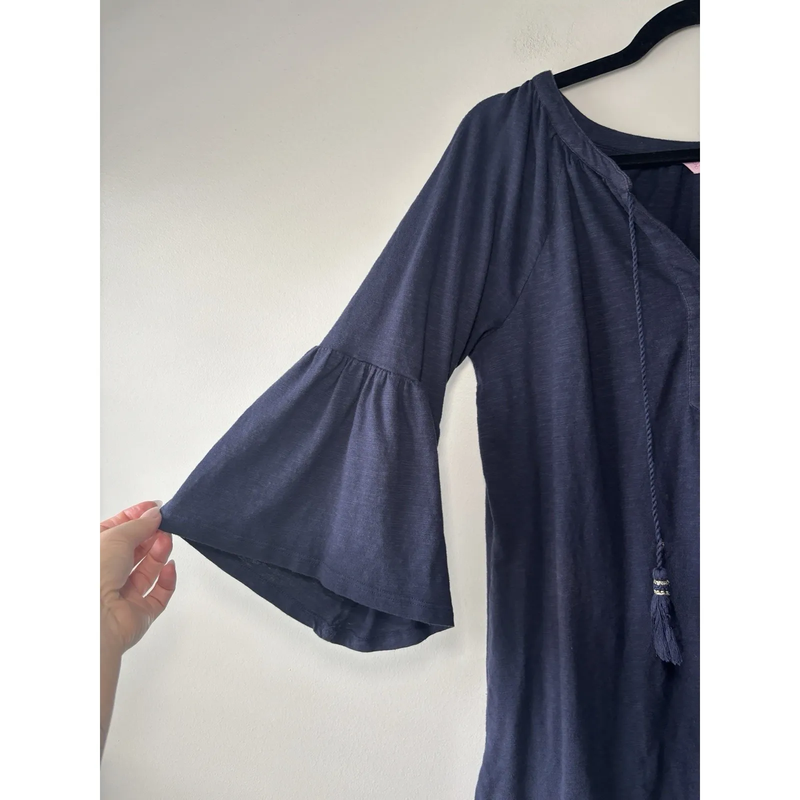 Lilly Pulitzer Del Lago Dress Women's Navy Blue Cotton Blend Bell Sleeve Size M‎ - Image 3