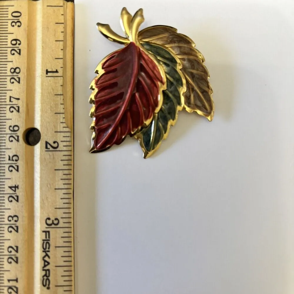 Vintage Leaf 3 Leaves Enamel Brooch - Image 5