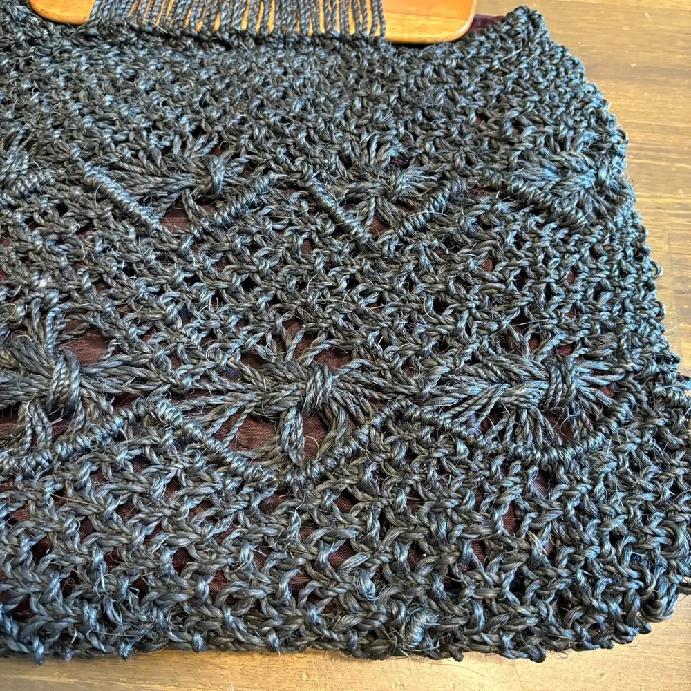 Vintage Raffia Crochet Woven Basket Straw Wood Handles 60’s Black Macrame Tote - Image 2