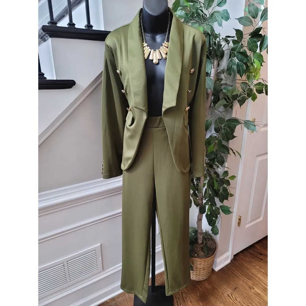 Women's 2 Piece Suit Size L Green Solid Long Sleeve Double Breasted Open Front Size L - Image 12