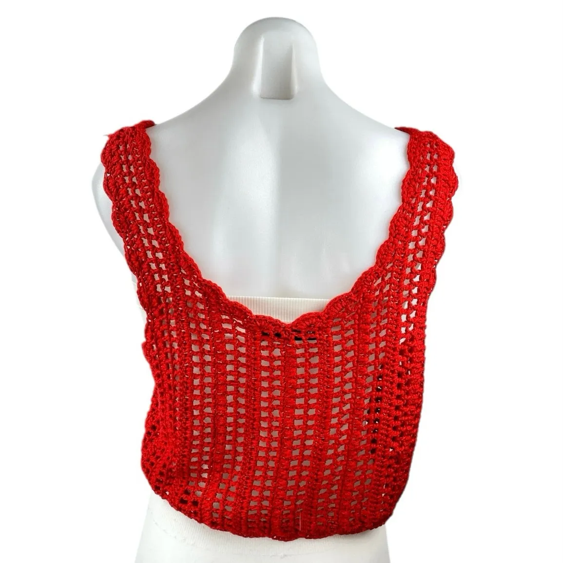Zara Womens Red Crochet Open Knit Boho Sleeveless Fringe Cropped Tank Top Size S - Image 3