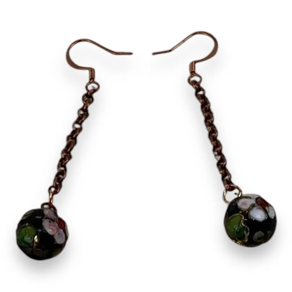 VTG Cloisonne Floral Bead Copper Chain Jewelry Retro Earrings Black - Image 4