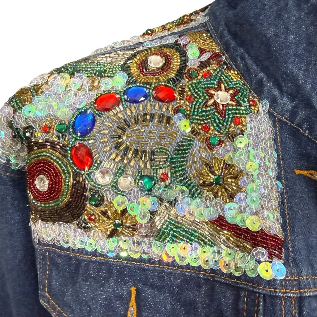 Vintage 1991 I.B. Diffusion Beaded Sequin Denim Jacket Made in Hong Kong Size L Blue Size L - Image 9