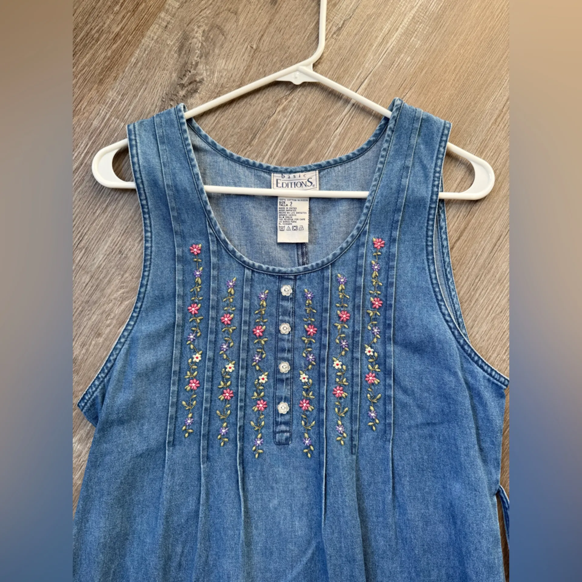 VTG BASIC EDITIONS Embroidered Denim Sleeveless Dress Maxi Blue Floral Size S - Image 9