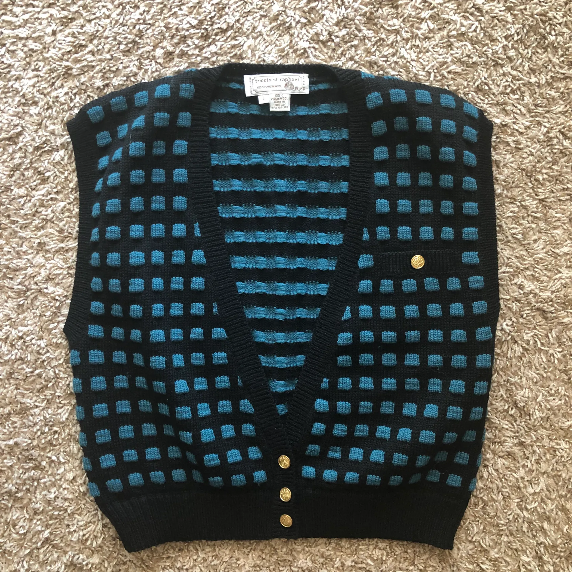VINTAGE SWEATER VEST CHECKERED BUTTON Blue Size L - Image 7