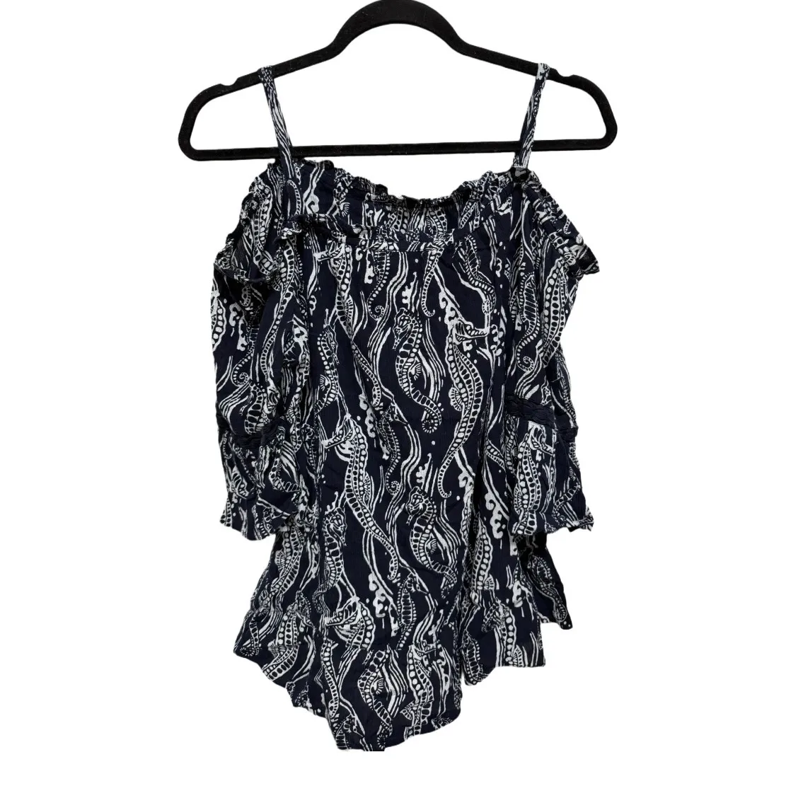 Crown & Ivy Cold‑Shoulder Tiered Blouse Top Size M – Blue Seahorse Print - Image 4