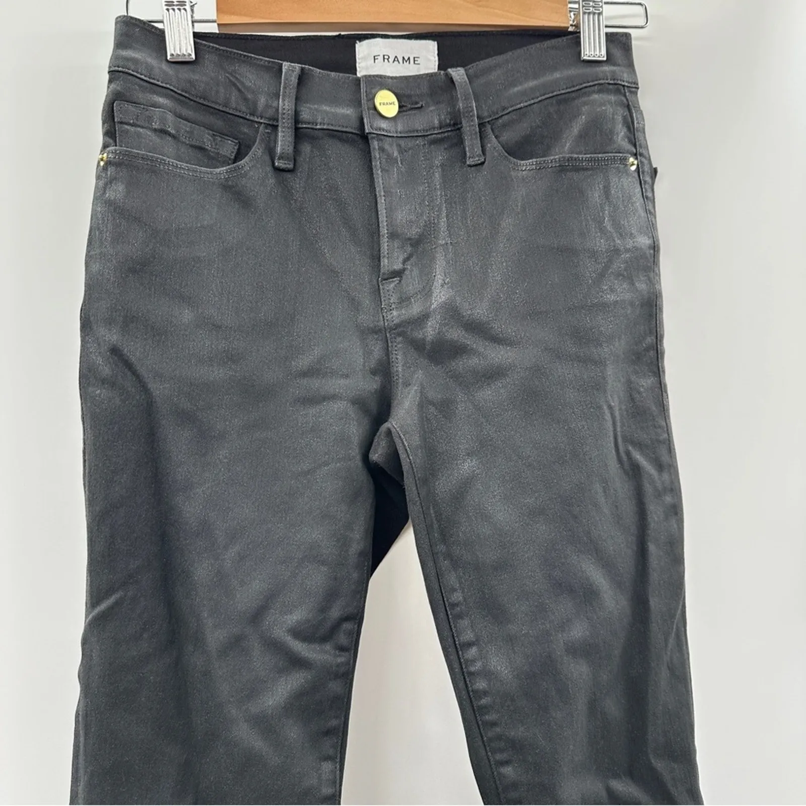 Frame Noir Coated Le Skinny de Jeanne Mid Rise‎ Black Skinny Jeans Size 26 - Image 2