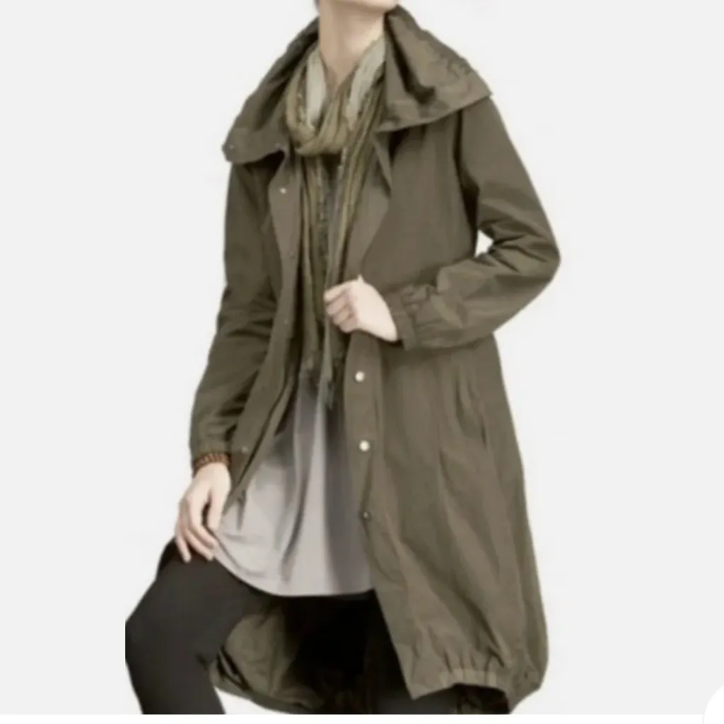 Eileen Fisher Bubble Hem Funnel Neck Belted Trench Coat Jacket Olive Size XS - Image 3