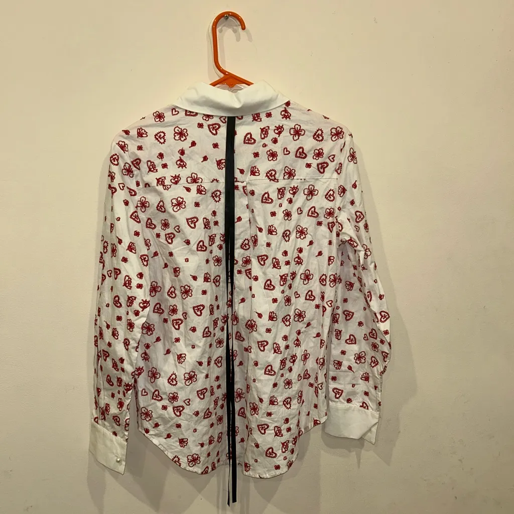 Sister Jane Doodle Bloom Floral Poplin Blouse Festive Holiday XS Red - Image 6