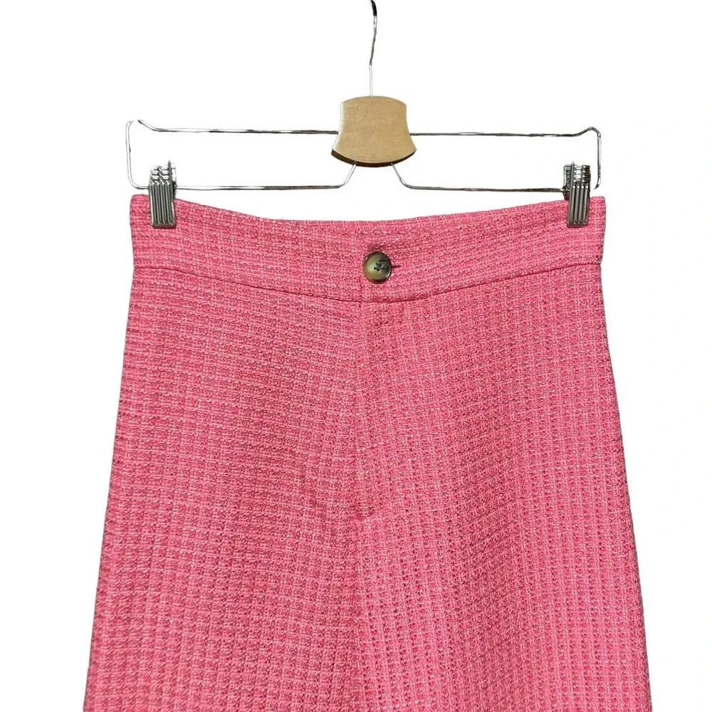 Zara Pants Cropped‎ Fit Tweed Textured Wide Leg Trousers Pink Size Small - Image 4