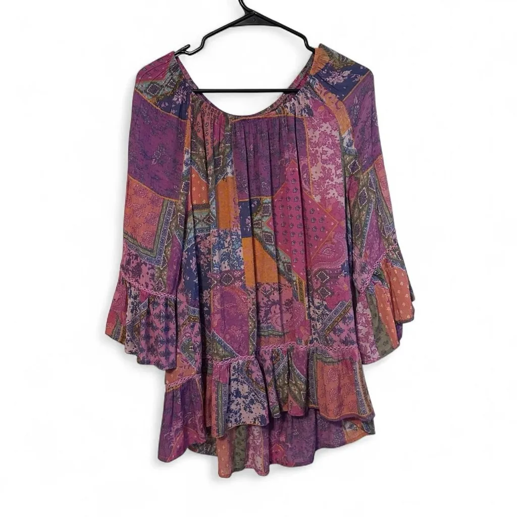 Boho Bohemian peasant top shirt blouse abstract mandala hippie flower child top - Image 2