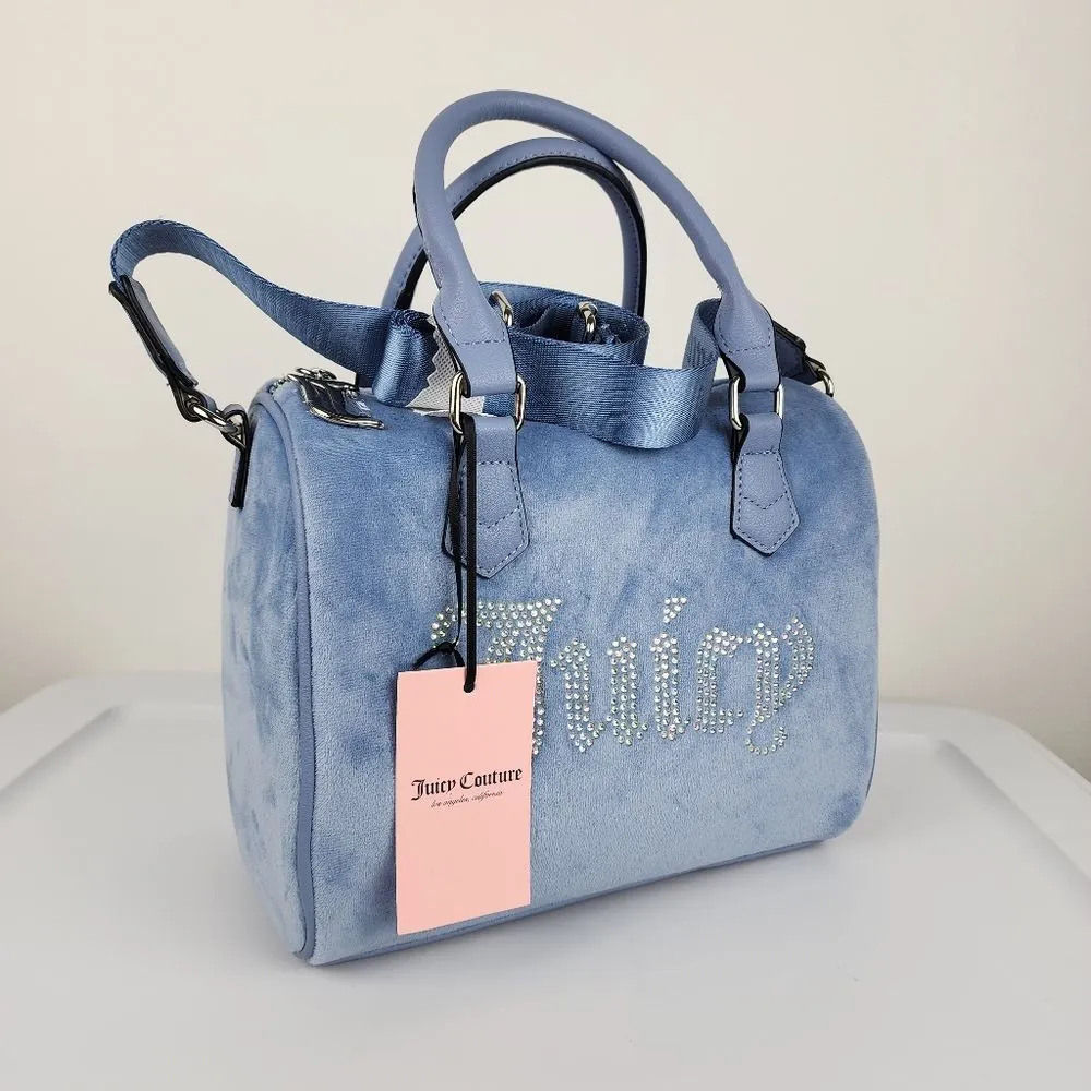 Juicy Couture Bag Obsession Satchel Slate Blue Velvet Rhinestones Purse Handbag - Image 14