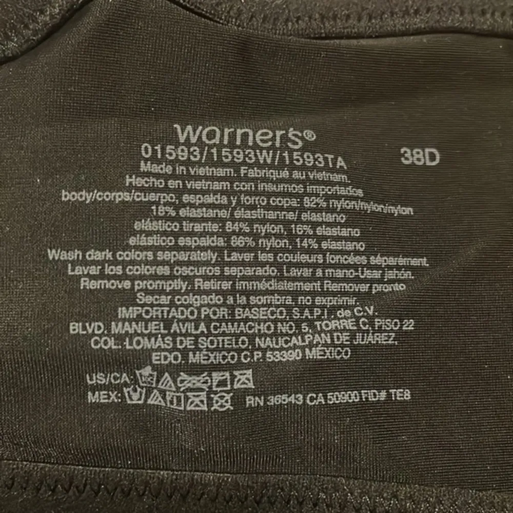 Warner’s bra black cushioned underwire full coverage bra adjustable strap Sz 38D - Image 2