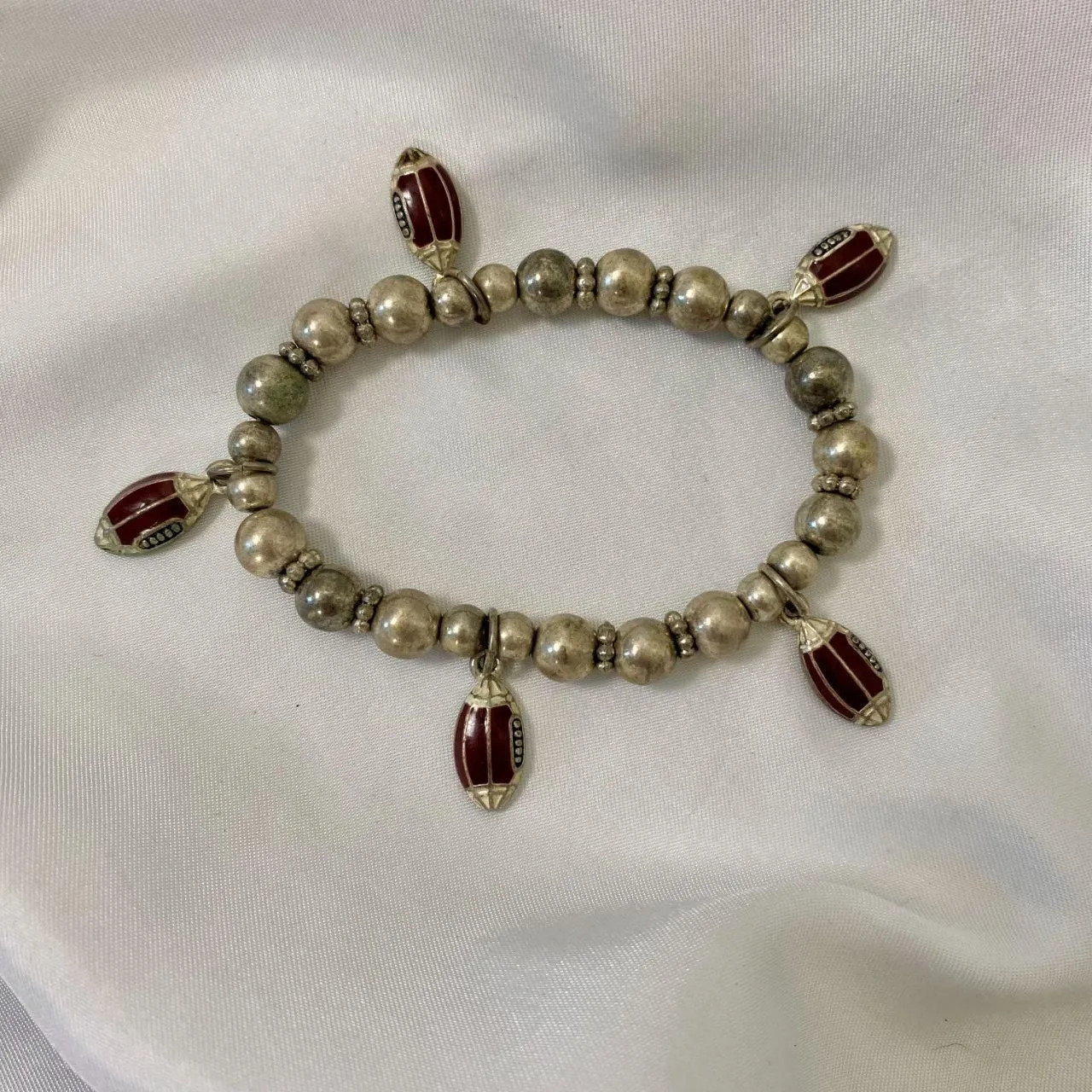 Early 2000's Stretchy Silver Burgundy Football Charm Bracelet - Image 3