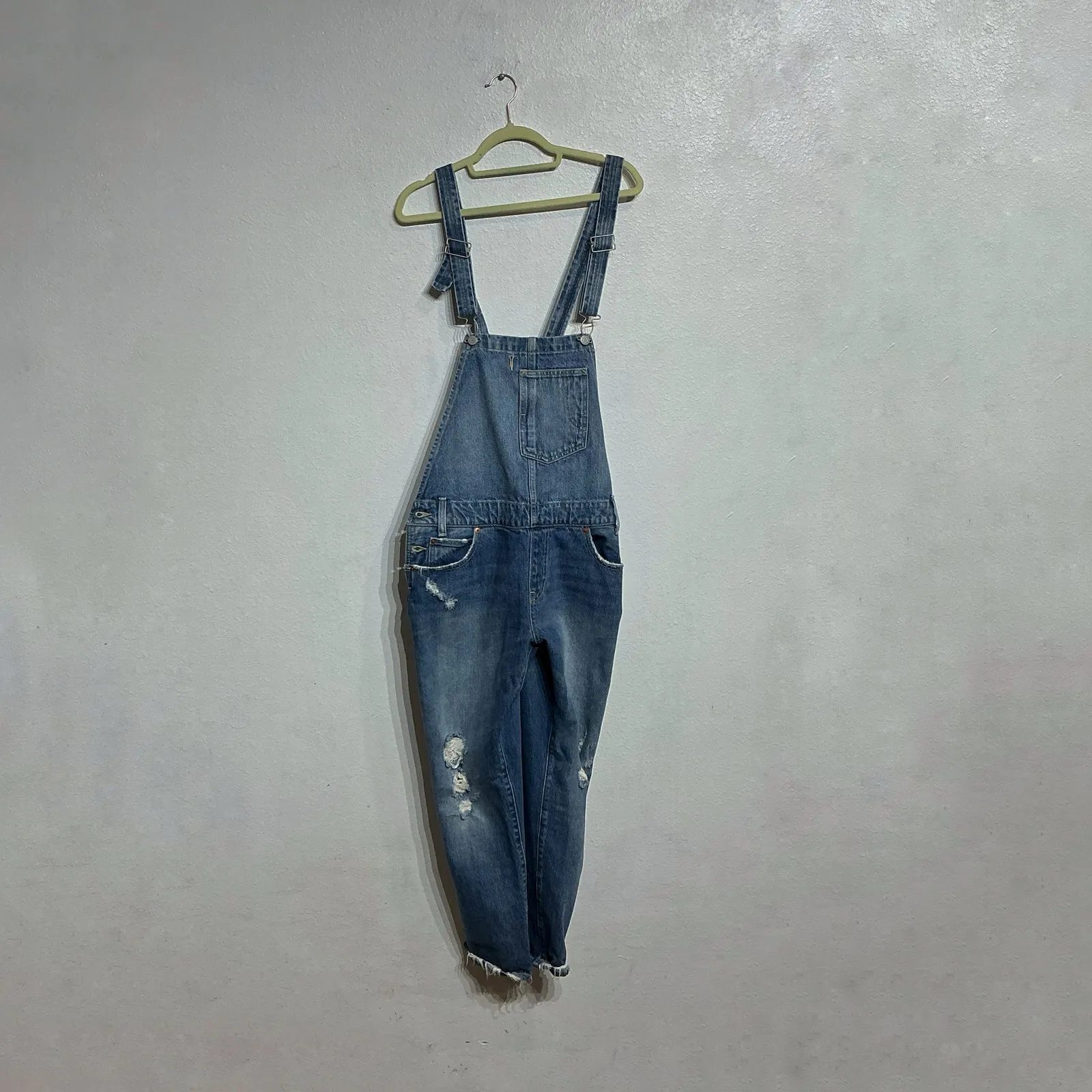 Levi's Blue Denim Distressed Straight Leg Overalls Sz M - Image 2