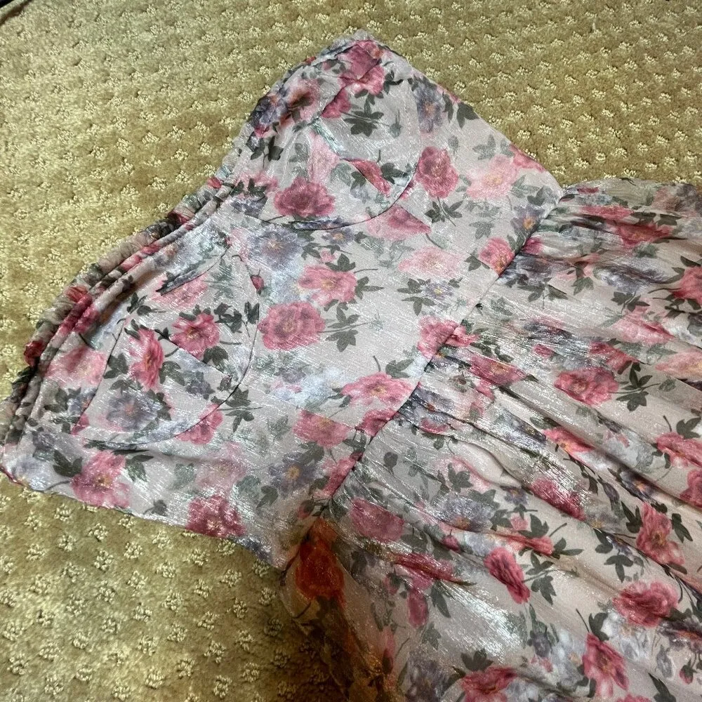 Floral Strapless Midi Dress Ruffle Peasant Prom SZ S Event Shower Wedding Fancy - Image 8