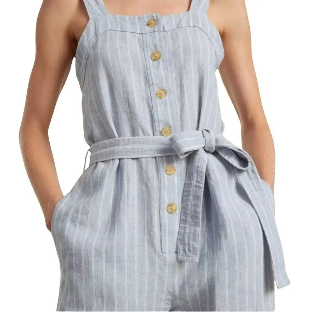 Everlane Linen Striped Button Up Jumpsuit Women's 4 Blue Tie Waist Boho Coastal - Image 3