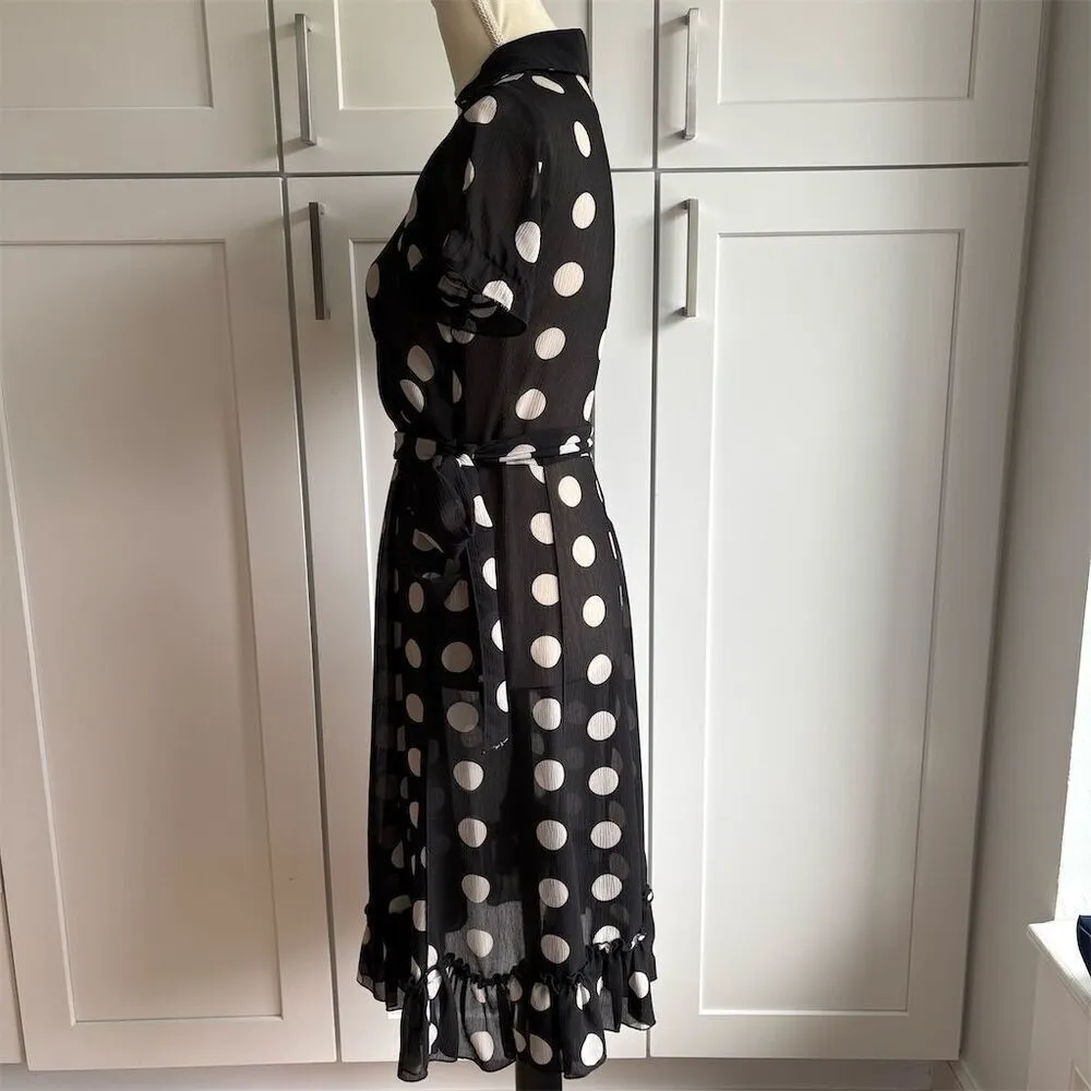 Sandra Darren Women's Size 4 Black Polka Dot Sheer Wrap Dress Midi Length A-line - Image 8