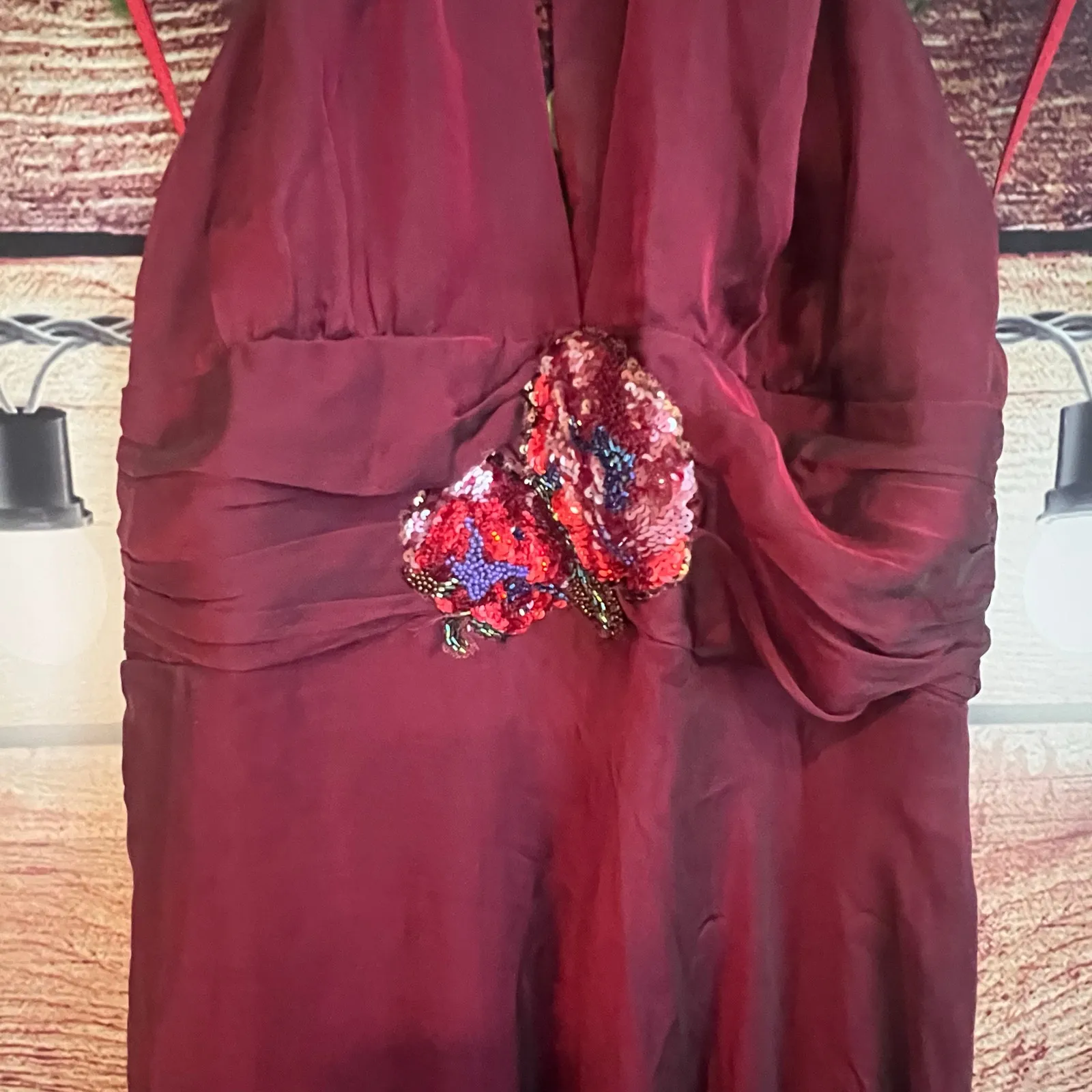 BCBG Max Azria Halter 100% Silk Chiffon Crimson Red Midi Dress Size 10 Low VNeck - Image 3