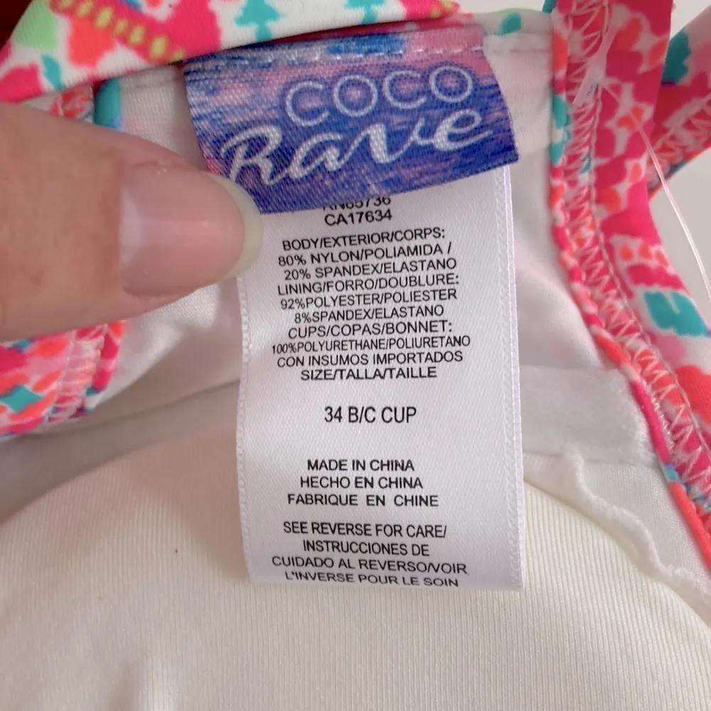 NWT 34B/C Coco Rave halter push-up bikini top hot pink orange ruched middle - Image 7