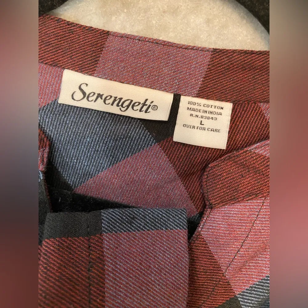 NWOT Serengeti Size L Long Sleeve Black Burgundy Check Flannel Button Mini Dress Size L - Image 12