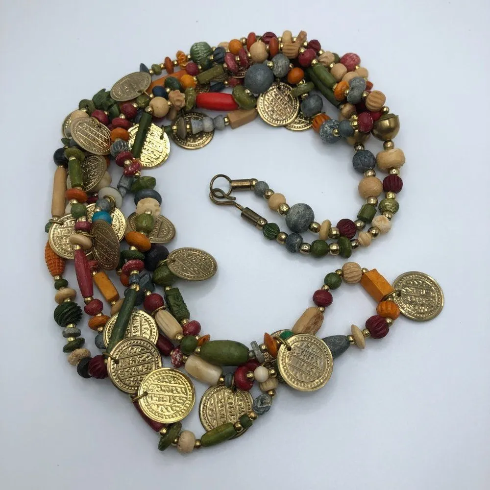 Vintage Gold Coin Wood Bead Multicolor Three Strand Statement Necklace - Image 4