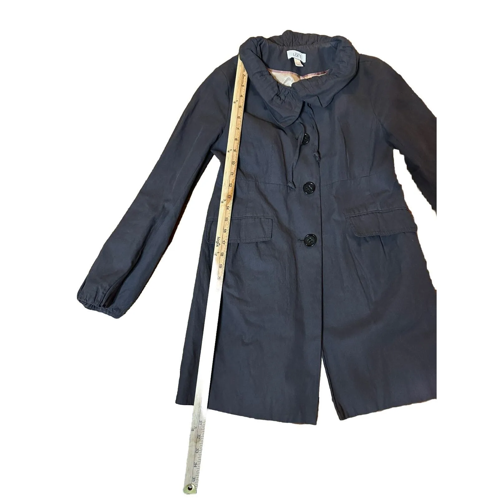 LOFT Drawstring Ruffle Collar Button Front Trenchcoat Duster Jacket‎ sz XS - Image 4