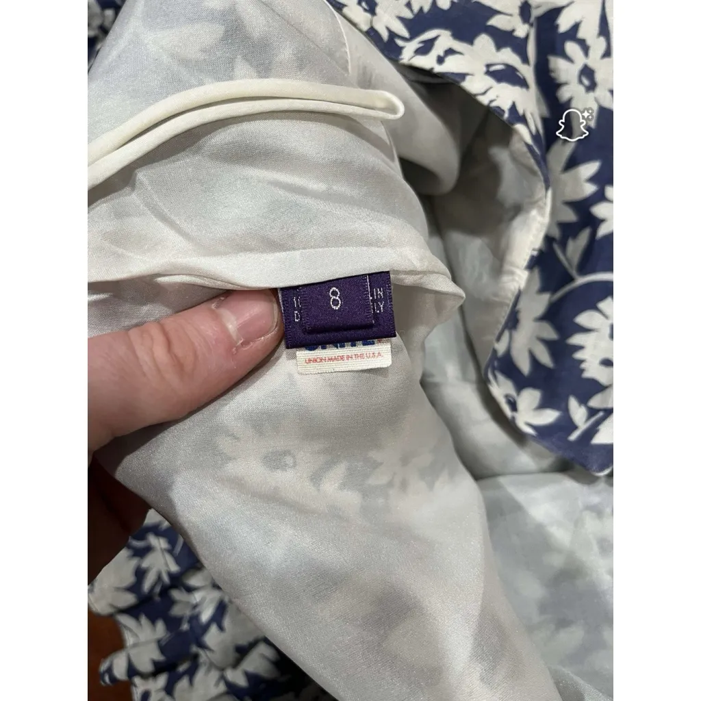 Ralph Lauren Collection Linen Blue White Floral Ruffle Hem Size 8 Made in USA - Image 10