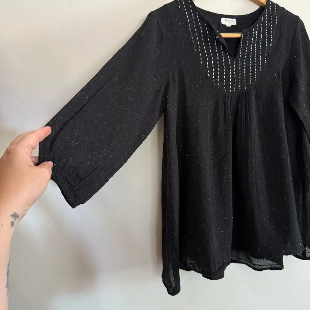 WORLD MARKET Black Sparkle Gauze Stitched split neck boho Blouse small medium - Image 4